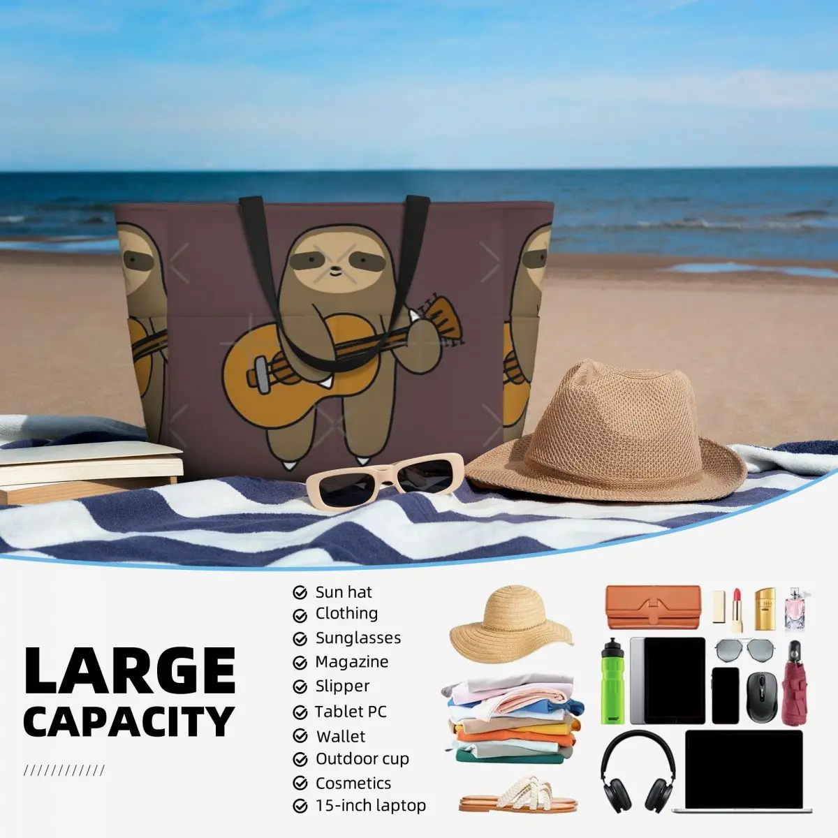 Borsa da viaggio da spiaggia per chitarra bradipo, borsa tote Regali per adulti alla moda Regalo di compleanno Modello multi-stile