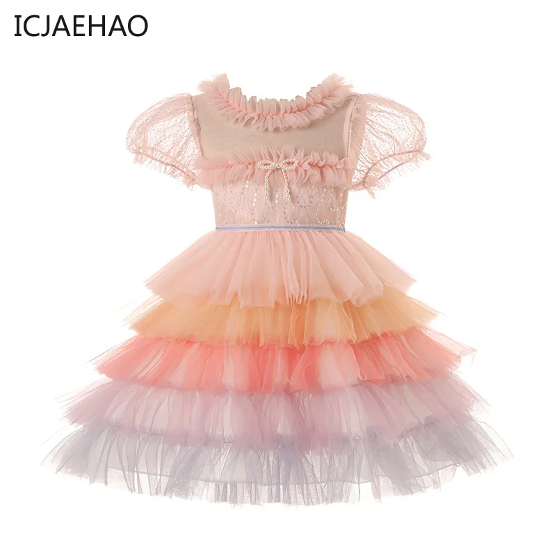 

ICJAEHAO 2024 Summer Short Sleeved Girl Ball Gown Sequins Patchwork Princess Dress Bubble Sleeve Boutique Clothing For Baby Girl