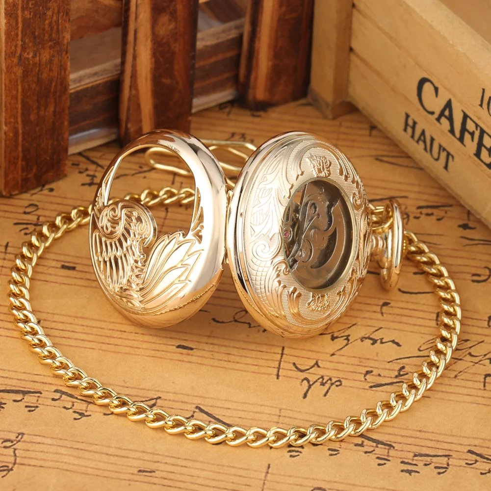 Men's Mechanical Self Winding Pocket Watch Gold/Silver Transparent Hollow Half Wings Pocket Timepiece Antique Gift Male