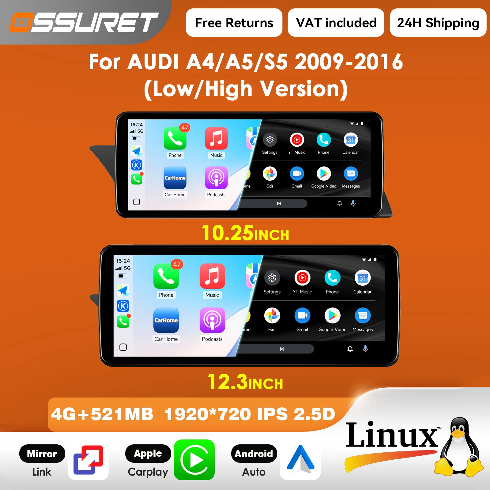 12,3-Zoll-Carplay-Linux-5.4-Autoradio für AUDI A4 B8 A5 S5 2009 - 2016 Multimedia-Videoplayer T113-i Dual-Core USB BT Mirror Link 10,25"-Bildschirm-Headunit
