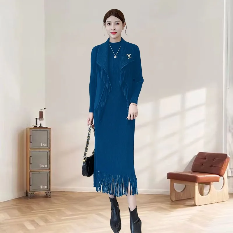 

Miyake Pleated Skirt Suit Women 2025 Fall New Lapel Temperament Tassel Jacket + Inner Dress Two-piece Suit Plus Size Clothing