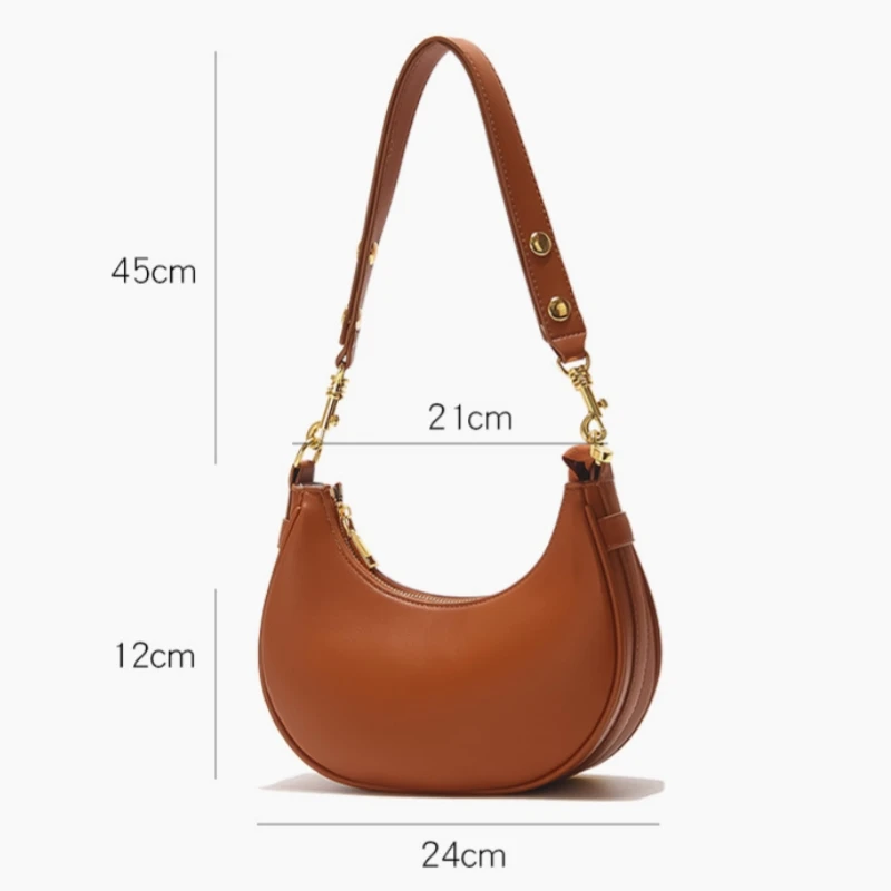 Bolsa Hobo feminina de meia lua, couro PU macio, bolsa de ombro casual com zíper, compradora de qualidade, moda feminina, 2024