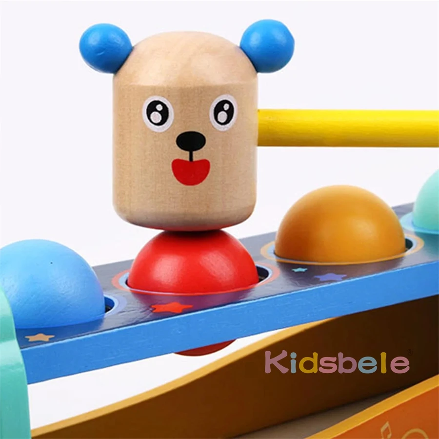 Children 4 Tracks Montessori Wooden Hammering Toy For Kids Fine Motor Skills Learning Color Matching Rolling Balls Party Game