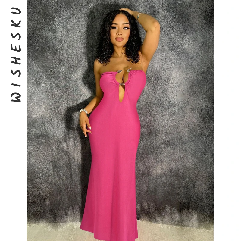 Sexy Strapless Metalen Ring Bodycon Maxi Jurk Vrouwen Off Shoulder Rugloze Uitgesneden Lange Zonnejurk 2024 Zomer Strand Y 2K Kleding