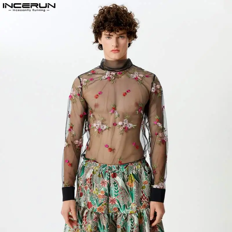 

INCERUN Tops 2024 Handsome Men Embroidered Flower Perspective Mesh Shirts Sexy Fashion Thin Long Sleeved Tie Collar Blouse S-5XL