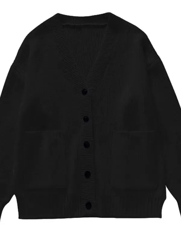 ルーズカーディガン女性長袖 V ネックニット黒だらしないオールマッチ女性秋冬コート韓国シックなだぶだぶのトップス MLQ9