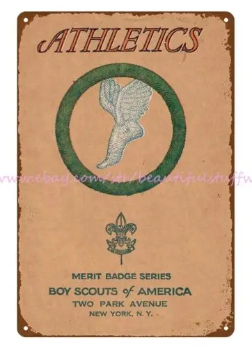 1936 Athletics Merit Badge Pamphlet Cover Boy Scouts of America metal tin sign