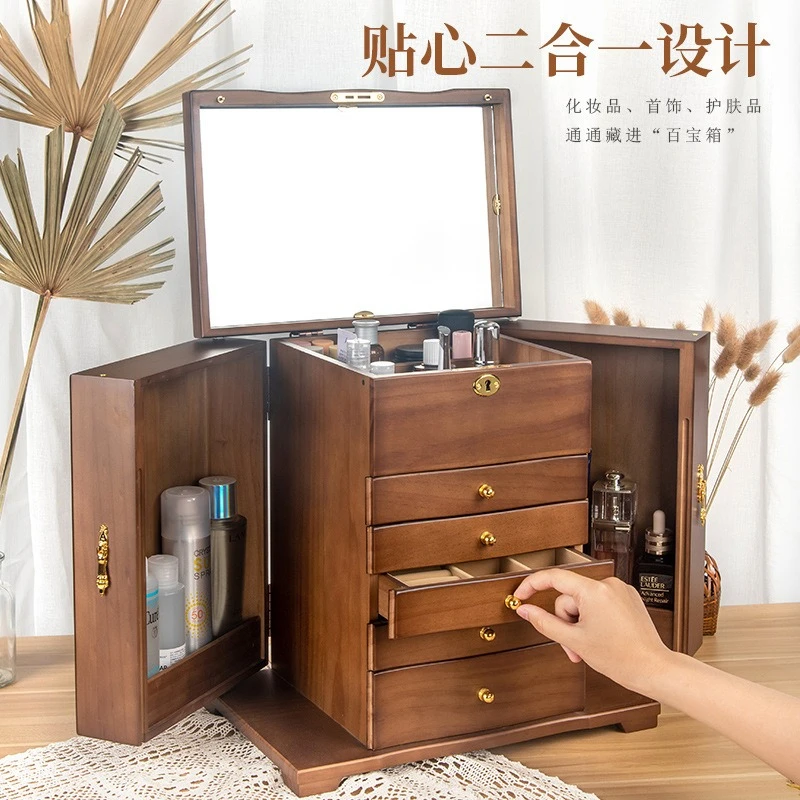 صندوق مجوهرات من الخشب الصلب، صندوق مجوهرات خشبي صيني عالي الجودة بسعة كبيرة، صندوق تخزين مقفل متعدد الطبقات لحفلات الزفاف.