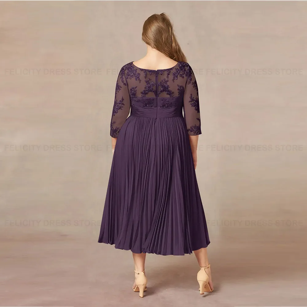 Classic Plus Size Mother of the Bride Dresses 2023 A-Line Lace Formal Wedding Guest Dresses Pleated Tea-Length Vestidos de Gala