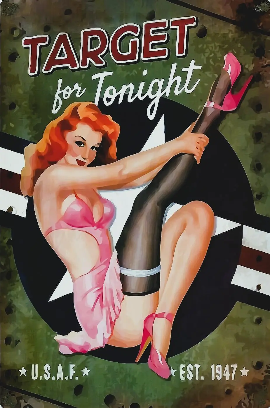 Decorative Vintage Style Metal Sign Reproduction Print, WWII Pinup Cute Redhead Target For Tonight USAF Themed Novelty Tin Si