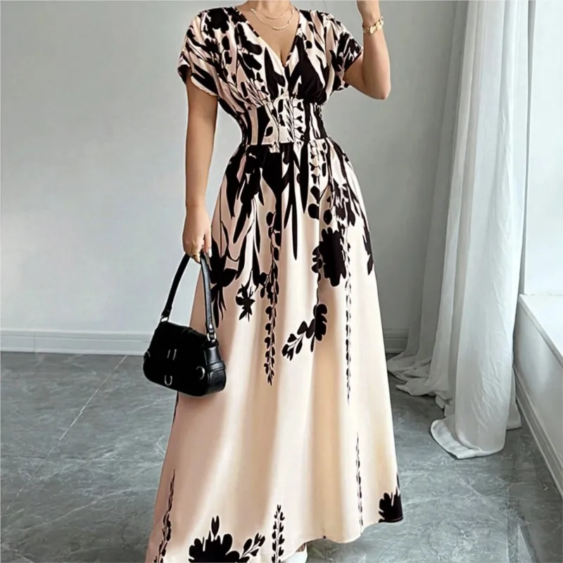 2026 New Women's Dress Printed With Elegant Temperament Refined Fashionable Comfortable And Unique V-neck Niche Long Vestidos