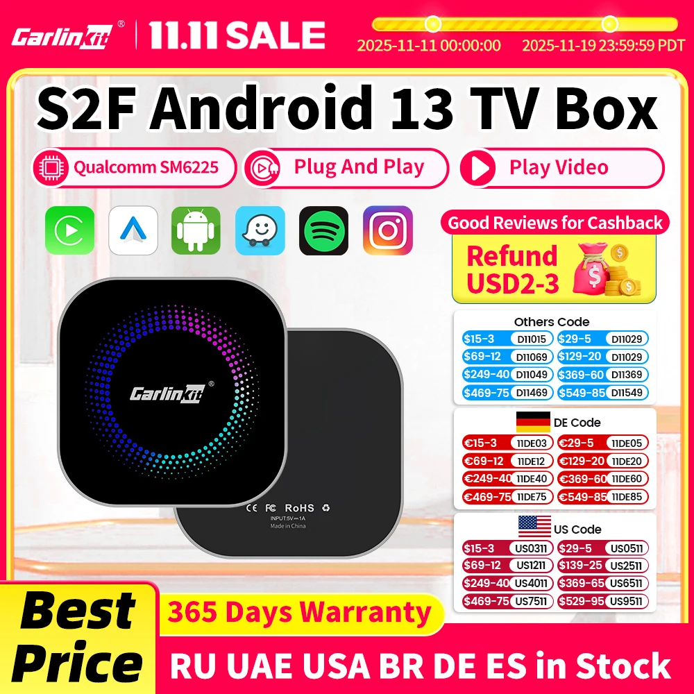 Android 13 tv box carlinkit sem fio android auto & carplay ai box sm6225 tela dividida de 8 núcleos 4g lte para iptv netflix play store