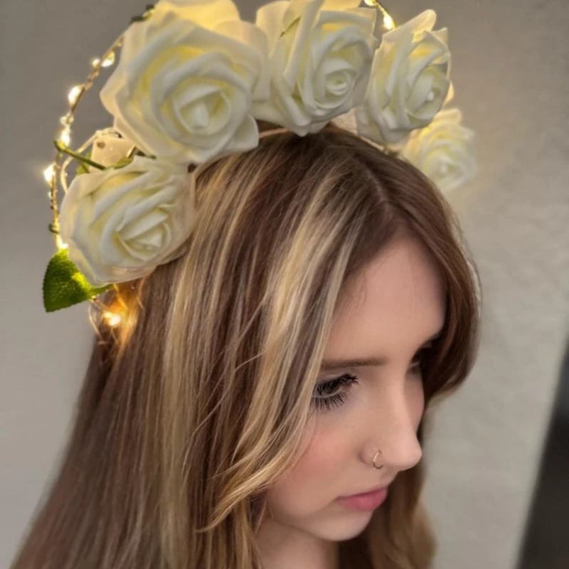 Glowing White Rose Halo Headband – LED Celestial Crown for Rave, Wedding, Halloween & Cosplay Photoshoot