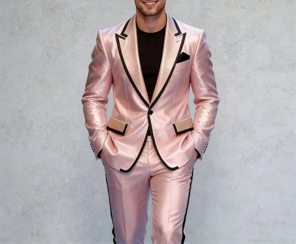 Pearl Pink Silky Satin Two Piece Formal Suit for Men from XS to 5XL, One Button Regular Fit Men's Prom Siut Attire Performance
