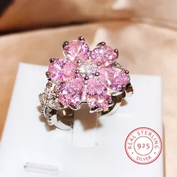 S925 Sterling Silver Selling Pink Flower Shape Sweet Fashion Ring Sparkling Full of Diamond Zircon Luxury Banquet Party Jewelry