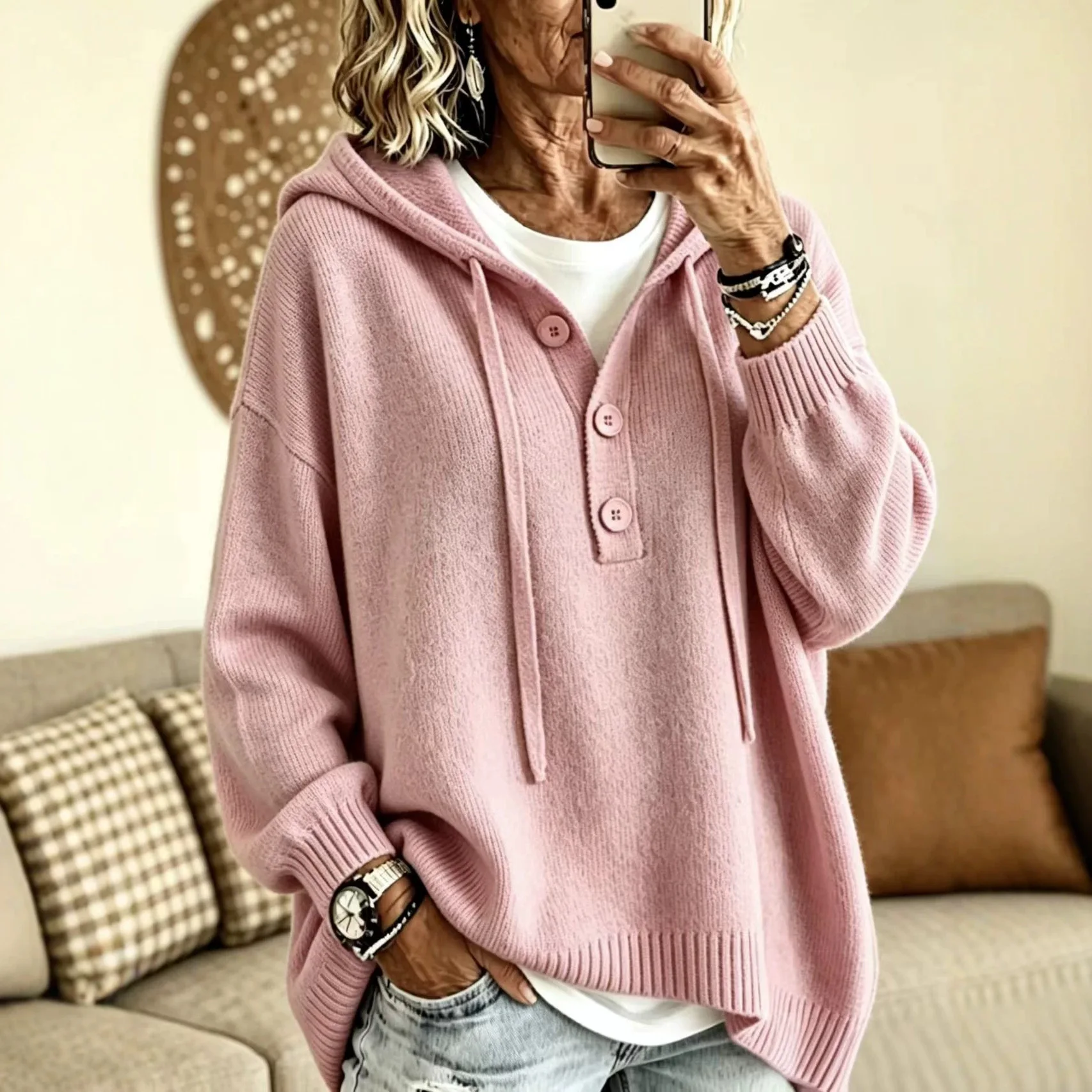 Chic 2026 Autumn and Winter Sweaters Jumpers Button-knitted Hooded Bat Sleeve Solid Color Casual Fashion Sweater Women Y2K
