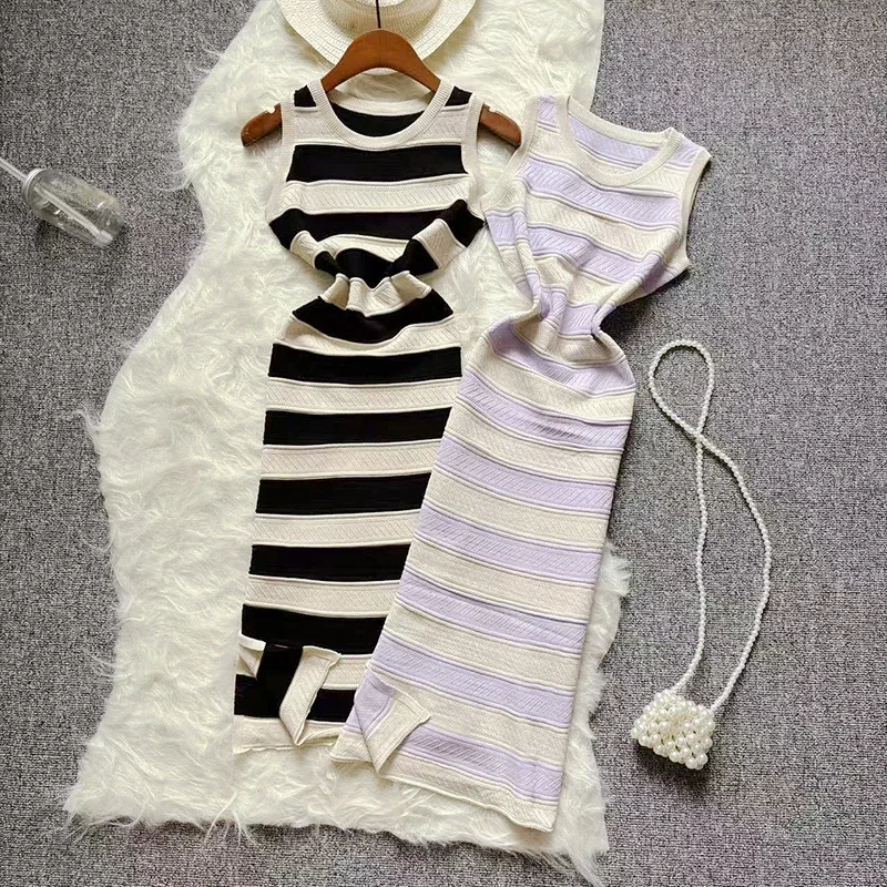 

Stripe Purple Summer Elastic Bodycon Dress New Sexy Beach Vacation Sundress Women Casual Slim Pencil Vestidos Maxi Long Dress