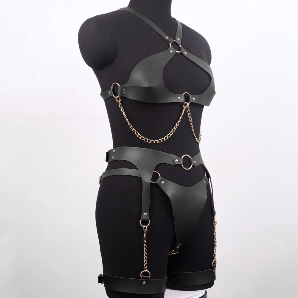 CEA Sexy Dark Green Full Body Chain Harness Bra Sexy Leather Lingerie Bondage Suspenders For Women Fetish Wear Garter Stocking