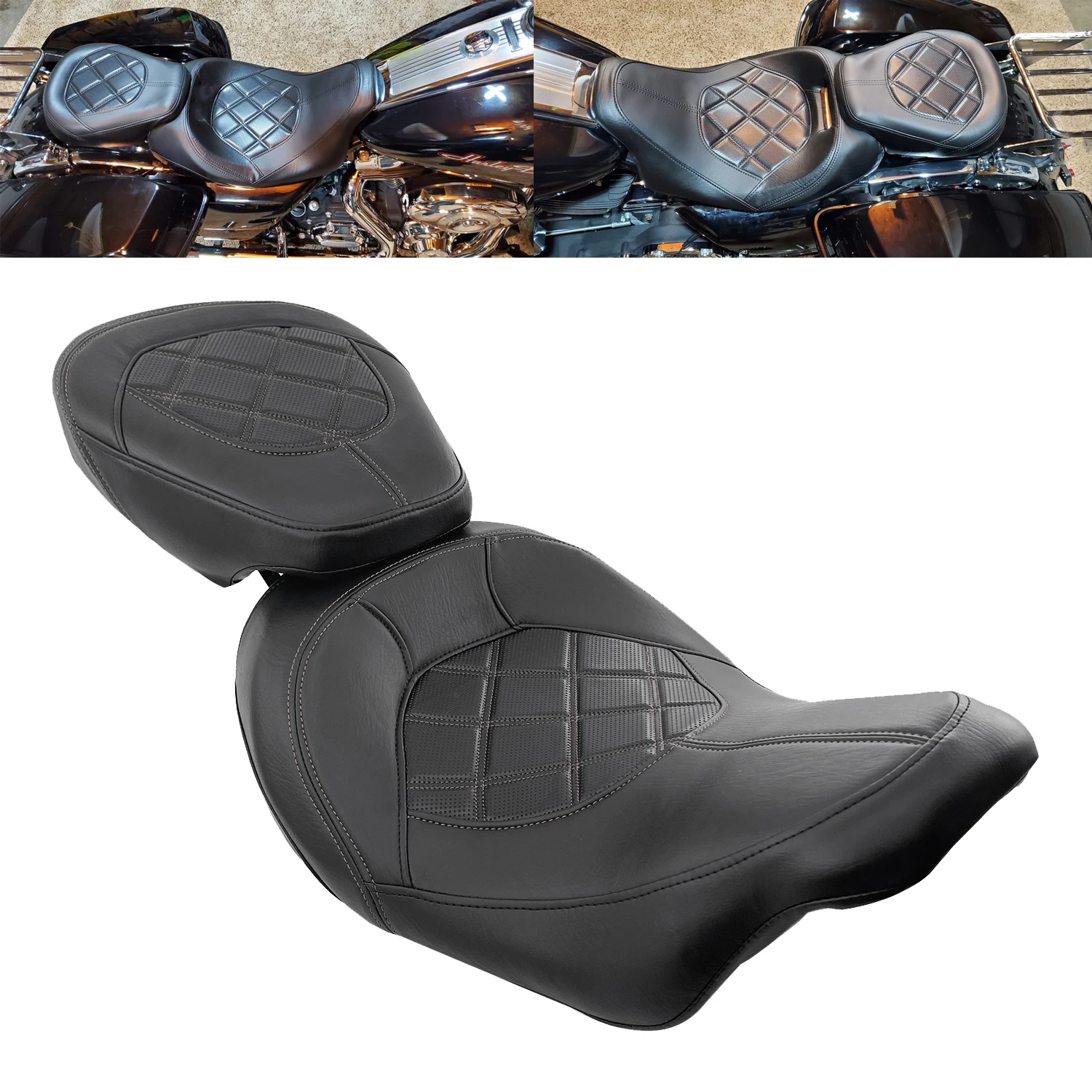 Motorcycle Black Diamond-Shaped Low-Profile Driver Passenger Seat For Harley Touring Street Electra Glide CVO Limited 2009-2021