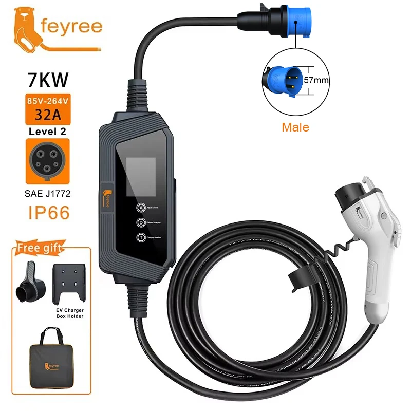 Feyree Holder for Electric Car Charge1P EV Charger Plug with J1772 Cord Current Adjustable Portable Charging Box rType1 7kW 32A
