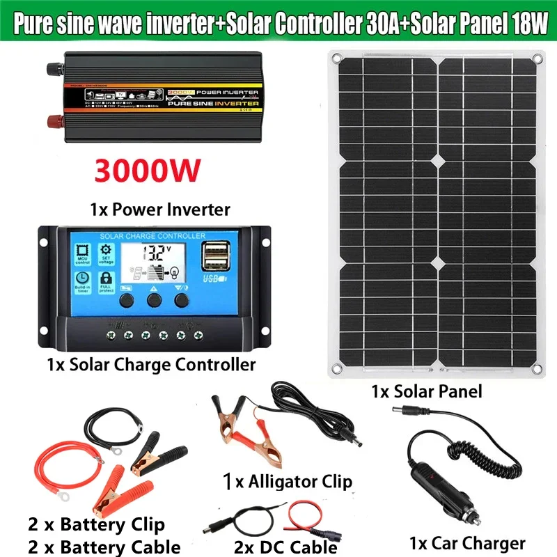 3000W Pure Sine Wave Solar Kit 12V To 110/220V 50/60 hz Solar Power System with Solar Controller for Boat RV Camper Outdoor