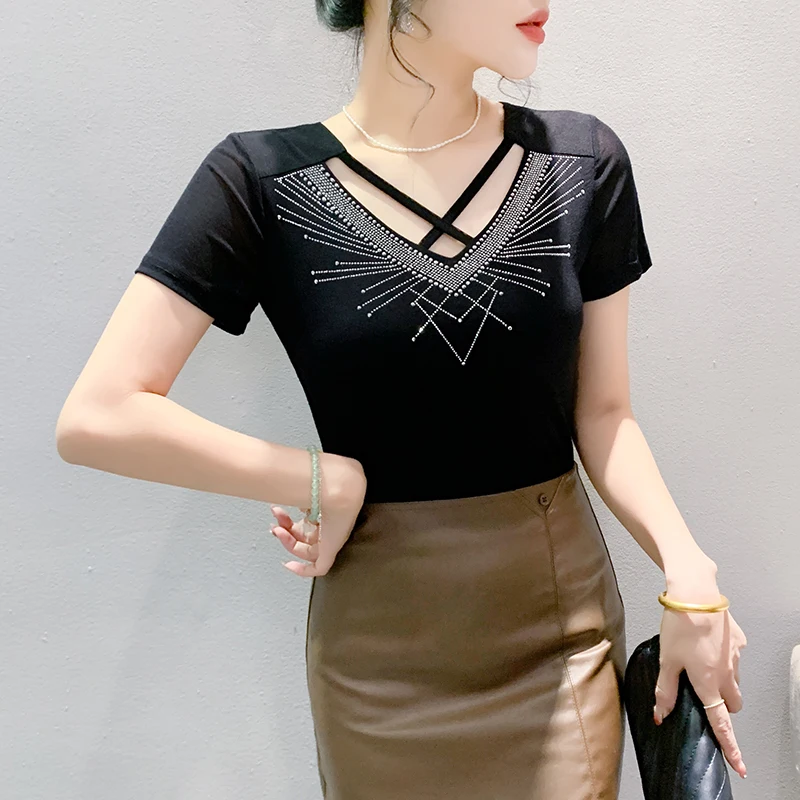 M-3XL 2024 Summer New Short Sleeved Mesh T-Shirt Fashion Cross Hollow Hot Diamond Women's Tops Blusas image 6