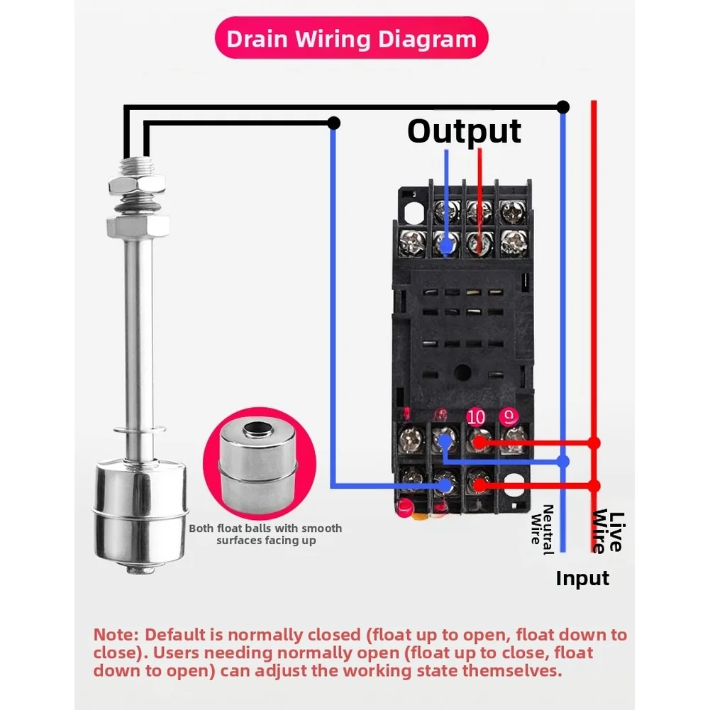 High Reliability Float Switch 304 Stainless Steel Body Suitable for 0-110V AC DC Circuits Temperature Resistant