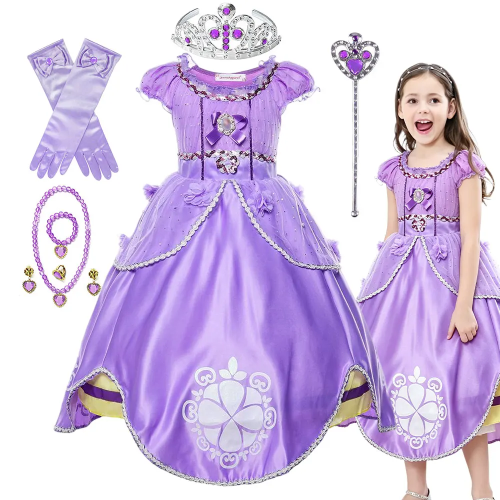 Mädchen Deluxe Prinzessinnenkleid mit Lila Blumen und Perlen Sofia Rollenspiel-Outfit für Kindertag Halloween-Party-Kleid
