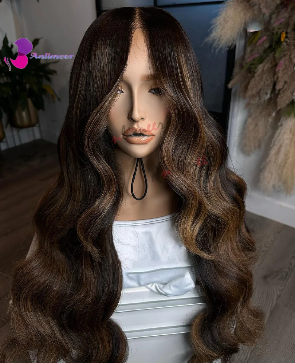 Glueless Lace Front Perucas, Silk Base Frontal Perucas, Body Wave Cabelo Humano, Dark Brown Highlight, Long, 13x4 ou 5x5