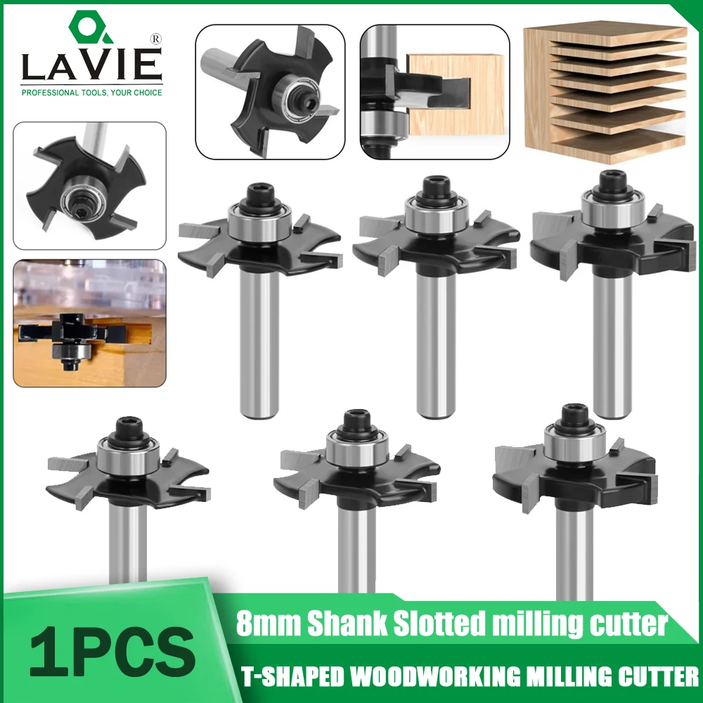 LAVIE  8mm Shank Four Blades T-Sloting Biscuit Joint Slot Cutter Jointing Slotting Router Bit Height Milling Cutter Woodworking