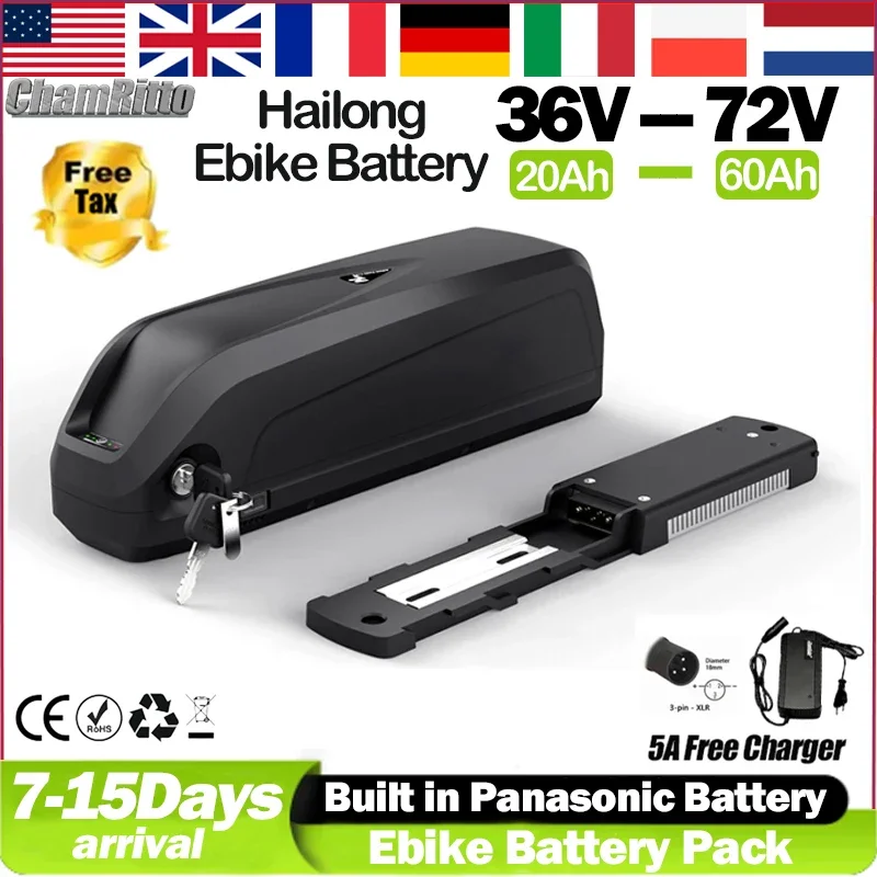 E Bike Hailong 48V 30ah 13s5p Lithium Battery 52v Electric Bicycle Ncr18650b 72v 60v 36v E scooter 2000w Motor 30ah 50ah Battery