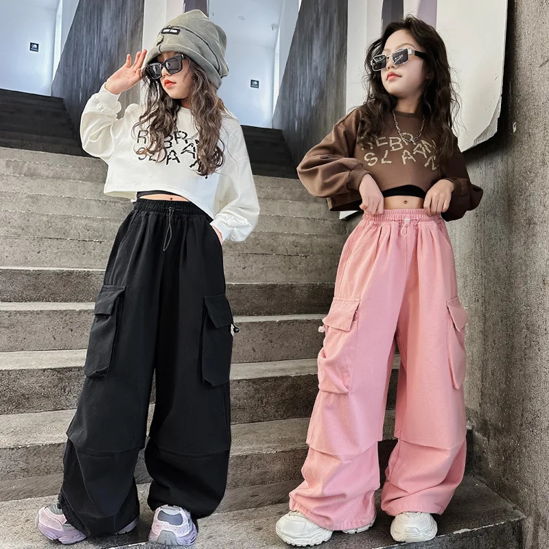 

Girls 2-piece Jazz Dance Suit Korean Style Long-sleeved Sports Suit Loose Fashion Street Style Long-sleeved T-shirt + Overalls