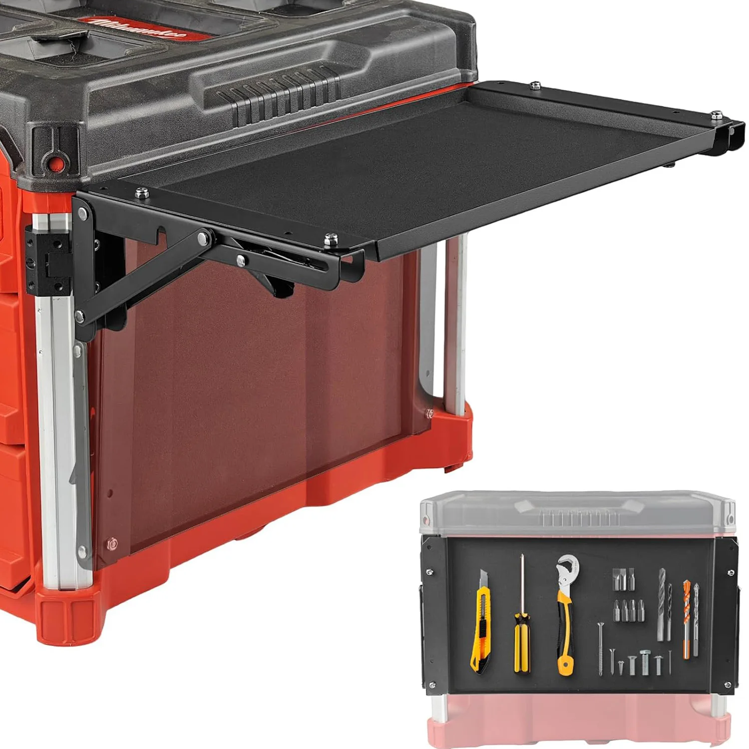 Powerful Folding Magnetic Table Compatible with Milwaukee Packout Toolbox, Tool Tray Side on PACKOUT System