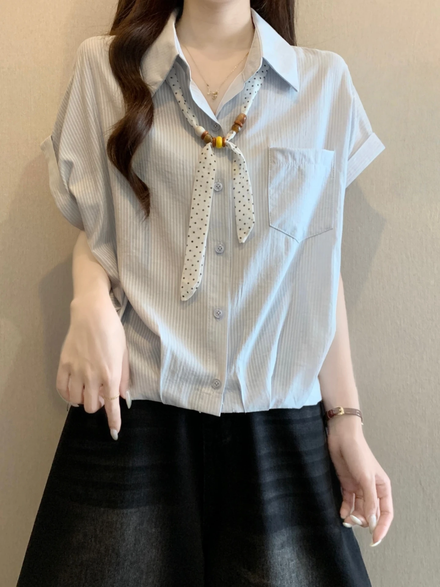 

Slimming Striped Short Sleeve Base Shirt Women Summer New Large Size Fat MM Design Sense Bead Tie Top Korean Style Commute Wind