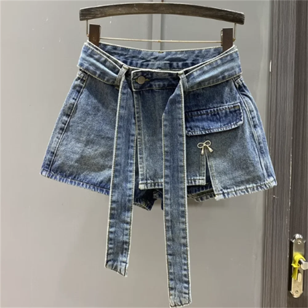 

Design fake two pieces vintage denim shorts women's new a line high-waist wide-legged skirt