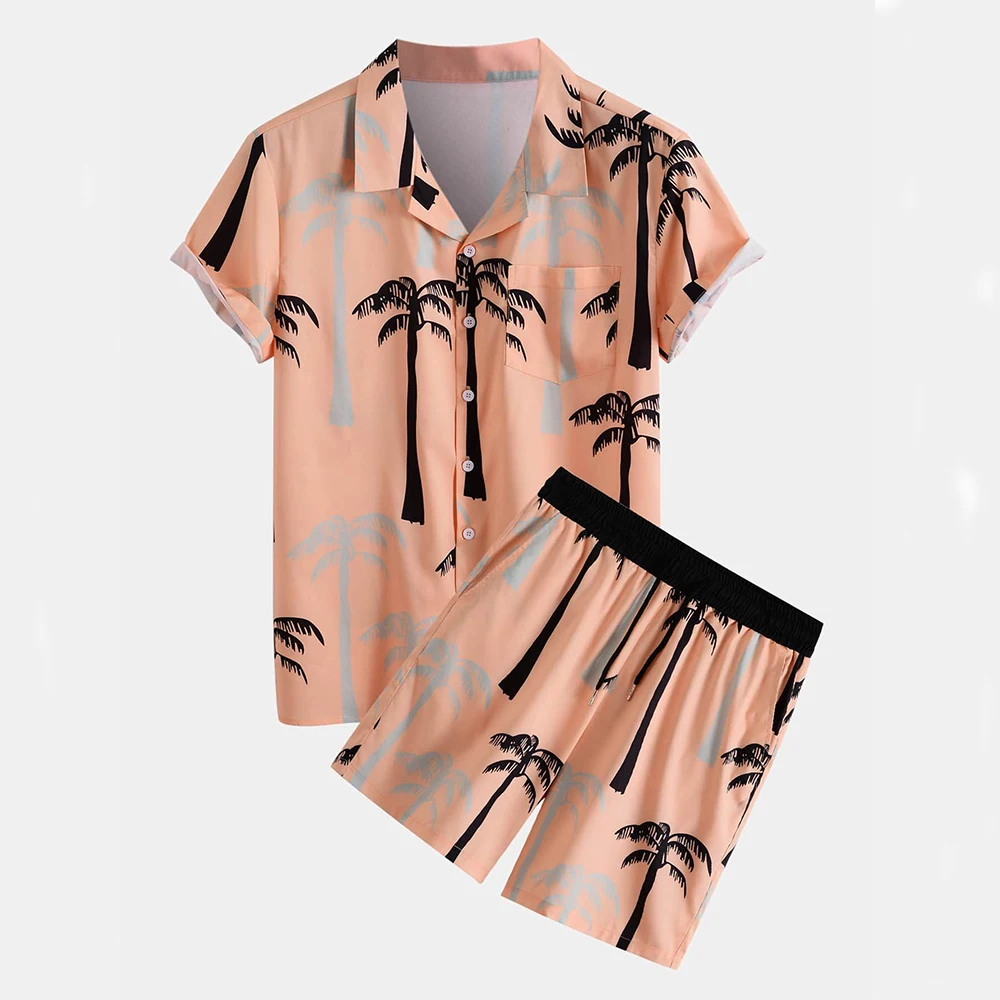 Coconut Tree Beach Short Sleeved Shirt Shorts Casual Hawaiian Two-Piece Men's Short Sleeved Shirt Set Summer MB5-MA4