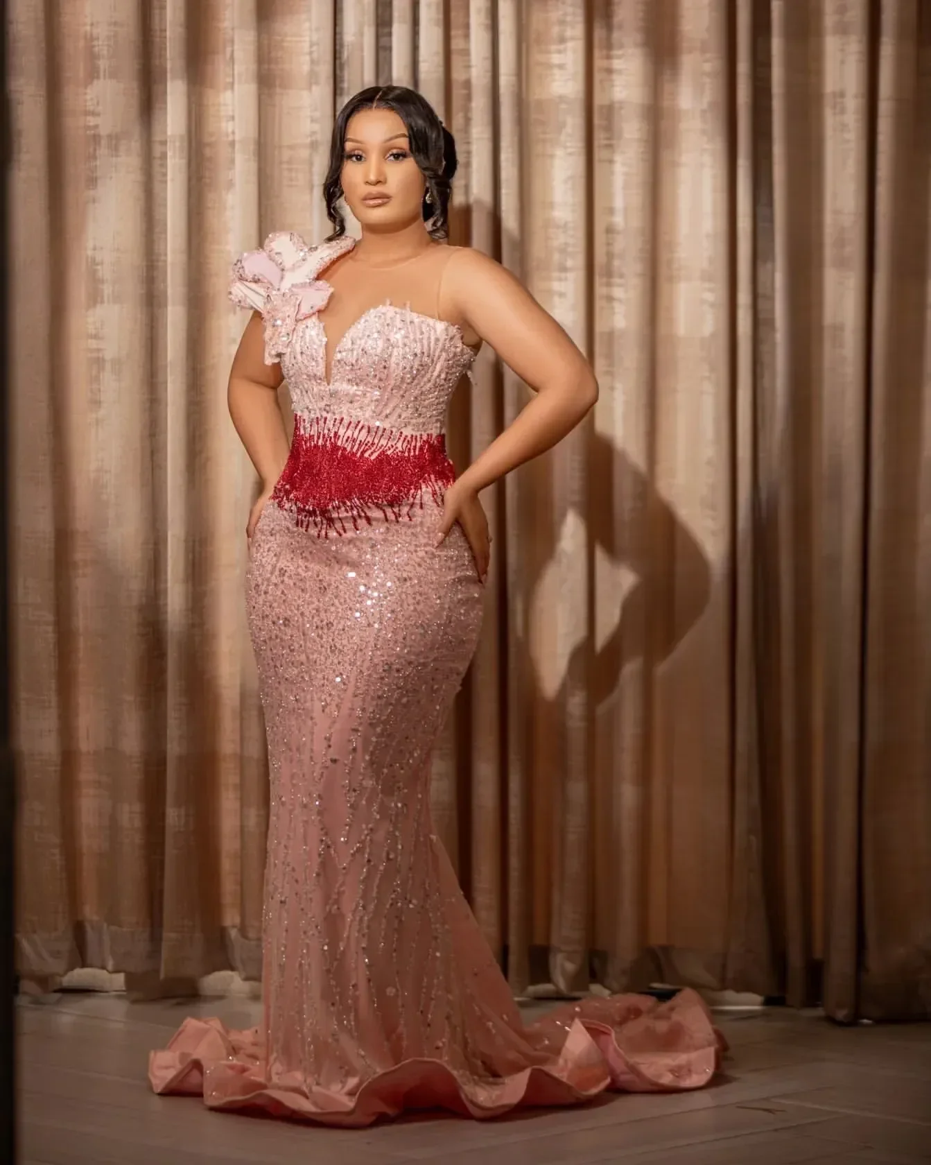 

For Special Occasions Sheer Neck Beaded Evening Formal Party Birthday Second Engagement Gowns African Aso Ebi Pink Mermaid Prom