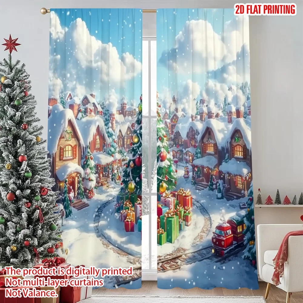 2 قطعة 2D الطباعة المسطحة عيد ميلاد سعيد الستائر الشتاء العجائب شجرة عيد الميلاد المشهد الرقمية المطبوعة البوليستر الستائر الأسرة #1