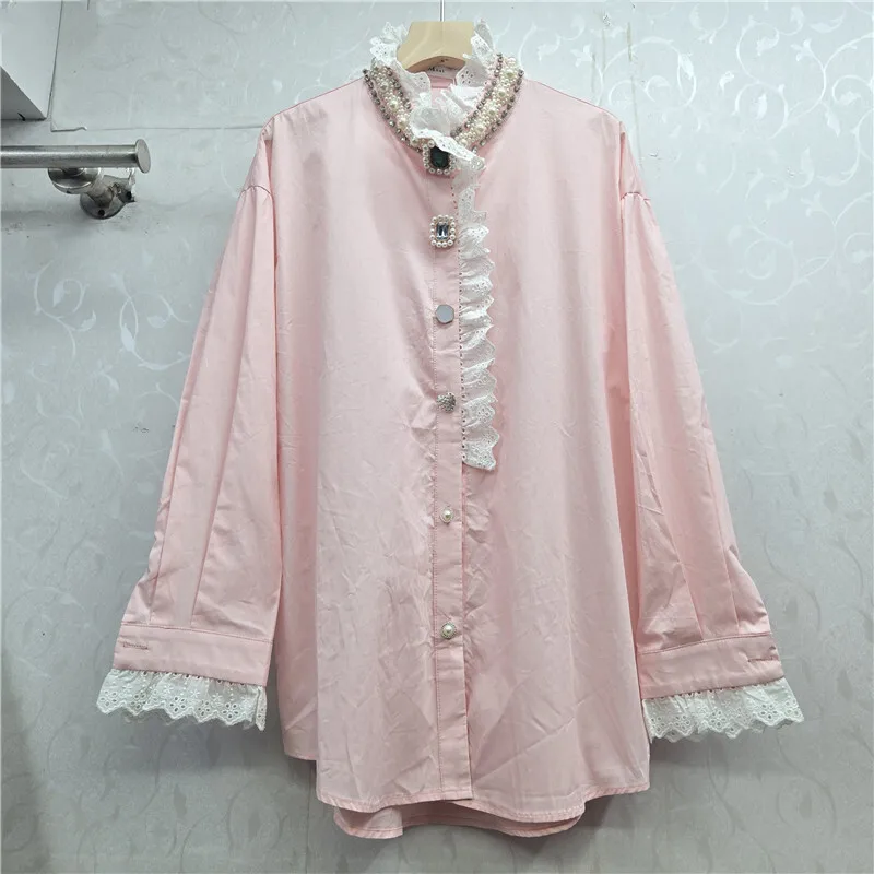 WTHT Mode Nieuwe vrouwen Gesplitste Verstoorde Rand Kant Diamanten Gesp Shirt 2025, Herfst Trendy Stand Kraag Blouse Vrouwelijke 1LS2748
