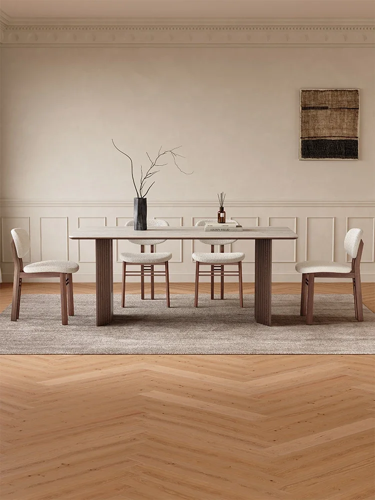 #Solid Wood Rectangular Dining Table with Stone Slab Top, Modern Minimalist Walnut Color, Mid-Century Wabi-Sabi Style