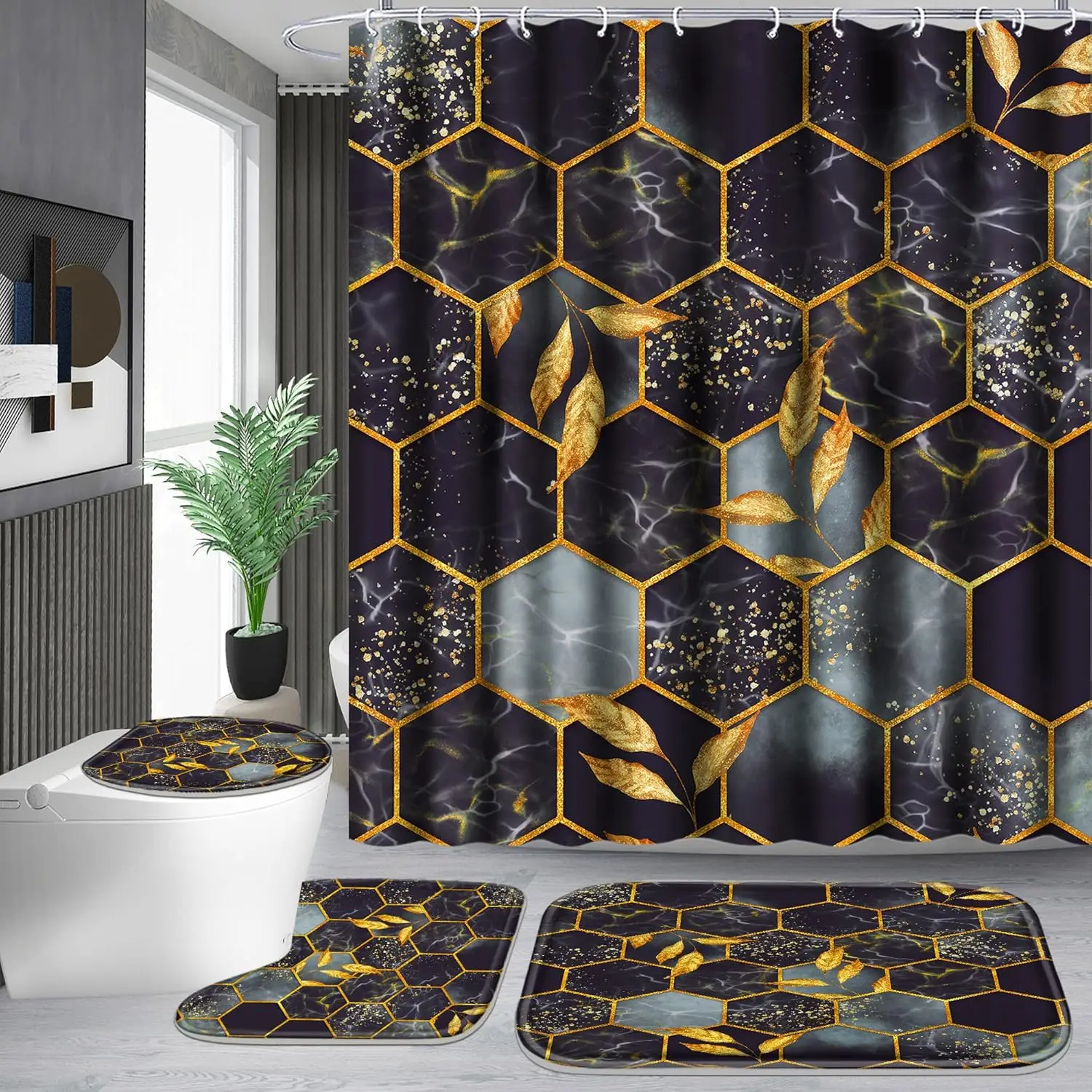 

4 Pcs Bathroom Shower Curtain Set,Bathroom Sets with Rugs(Bath Mat,U Shape and Toilet Lid Cover Mat) and 12 Hooks,Honeycomb
