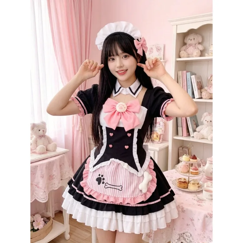 

Cute Lolita Maid Costume Set, Exquisite Embroidery Design with Cat Paw Bow, Retro Styling Outfit for Cosplay and Themed Party
