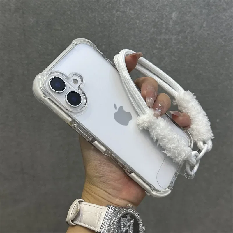 Hybrid Color Transparent Armor Case For iPhone 16 15 14 11 12 13 Pro Max Plus X Xr Xs Plush Wrist Strap Airbag Shockproof Cover