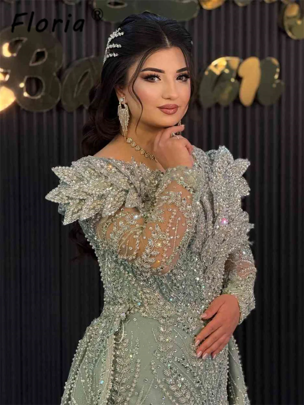 Mint Green Sequin Mermaid Evening Dress Stunning Crystal Beaded Formal Gown Dubai Wedding Guest 3D Leaf Party Dress Customized