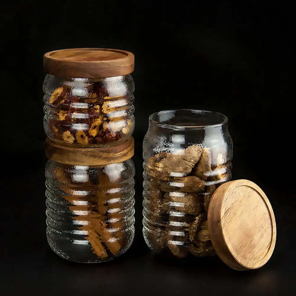 

Glass Jar Containers Sealed Canisters for Food Storage Wooden Cover Biscuit Tea