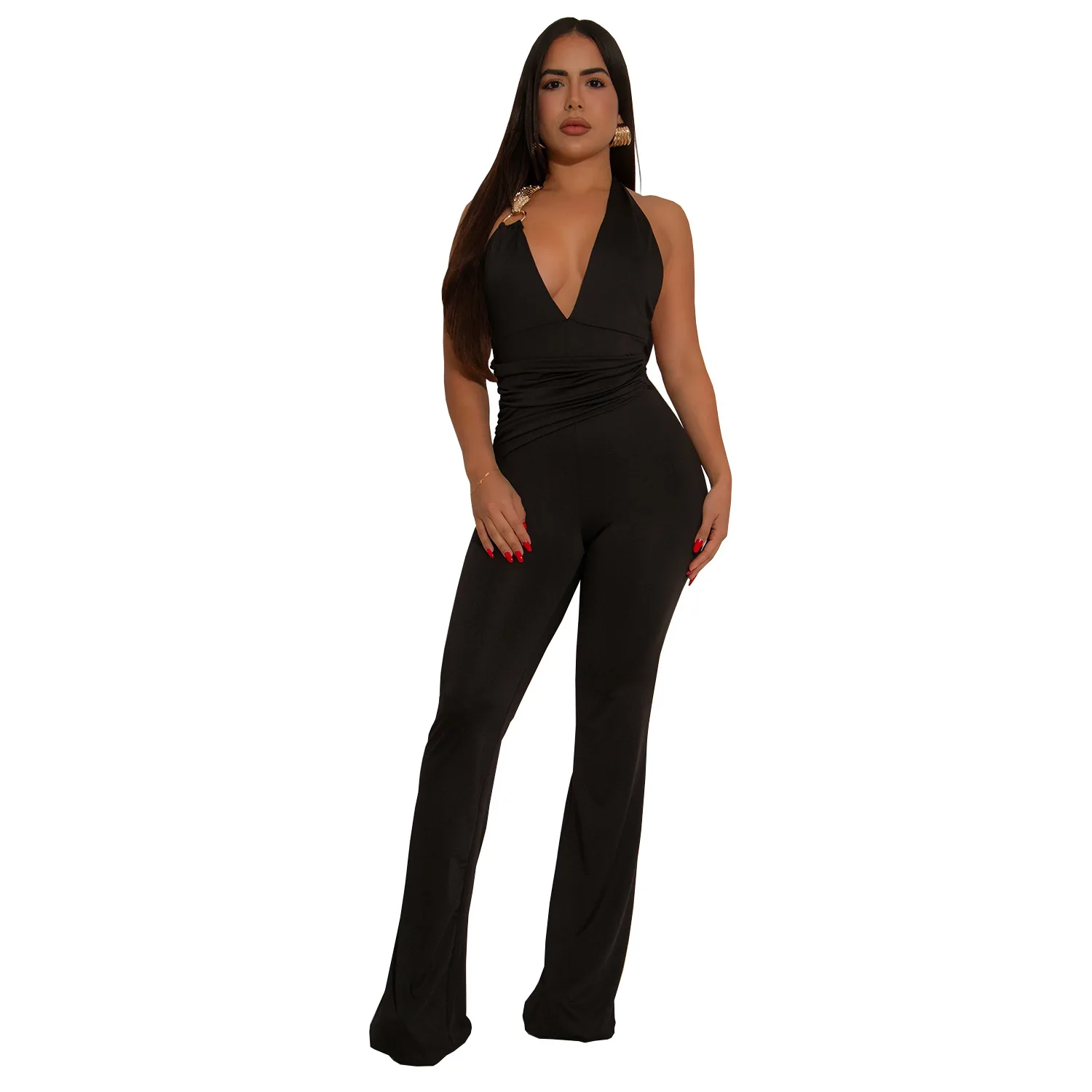 EINY y2k Women's Elegant Sleeveless Sexy Jumpsuit Draped One Piece Pants Deep V Lace Up Wide Leg Pants Pleated Office Lady Dress