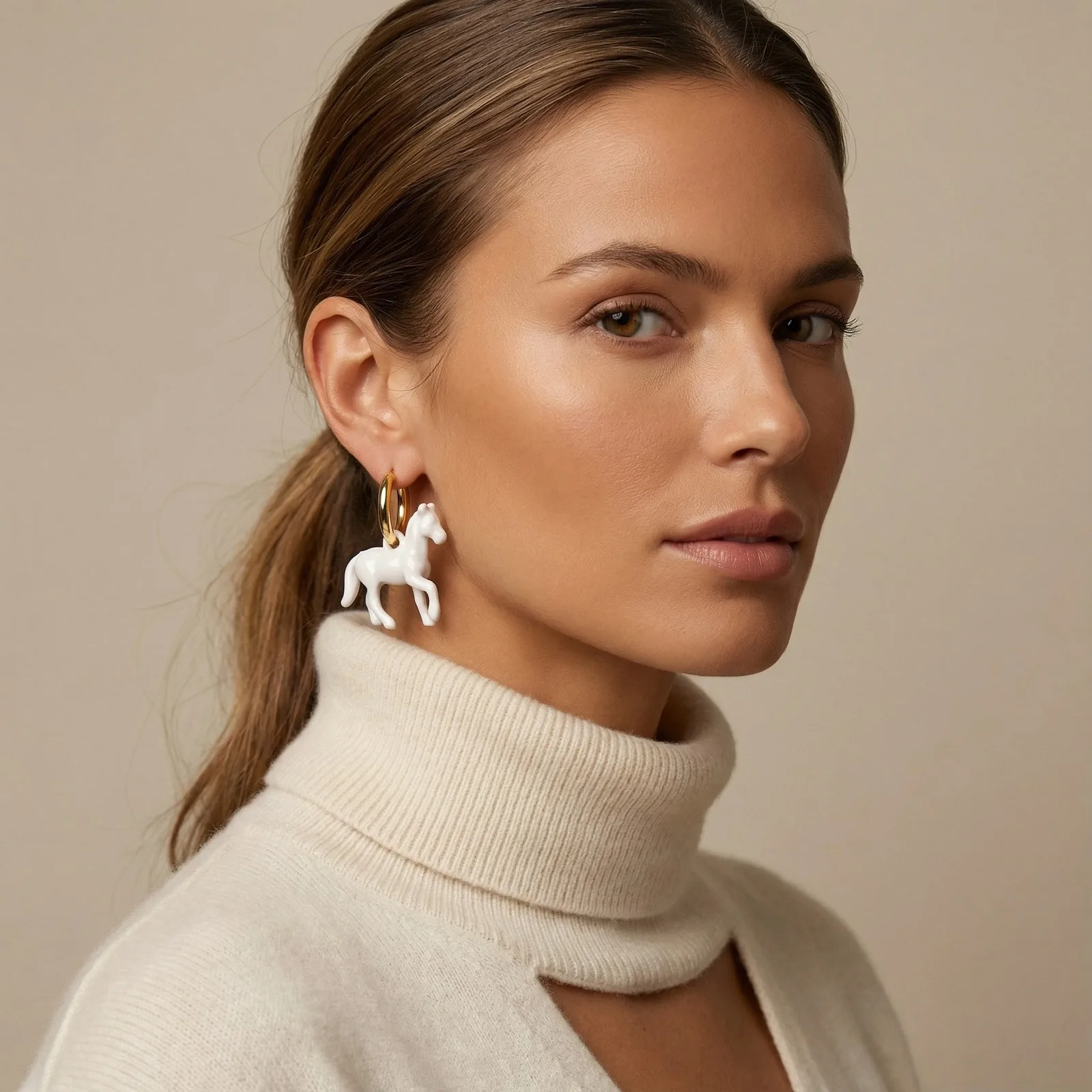 

Trendy 3D White Horse Pendant Earrings, Stainless Steel Hoops,Creativity Cute Animal Earrings Charm Jewelry