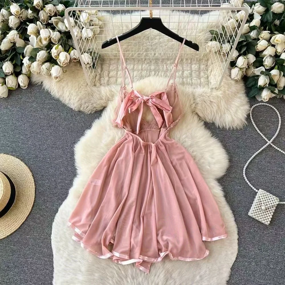 Damen Hotsweet Minikleid V-Ausschnitt Trägerkleid mit Weitem Saum Spitzenbesatz Sexy Club Dating Party Bequemes Prinzessinnenkleid Rosa Trend Y2K Neu – Detail 4