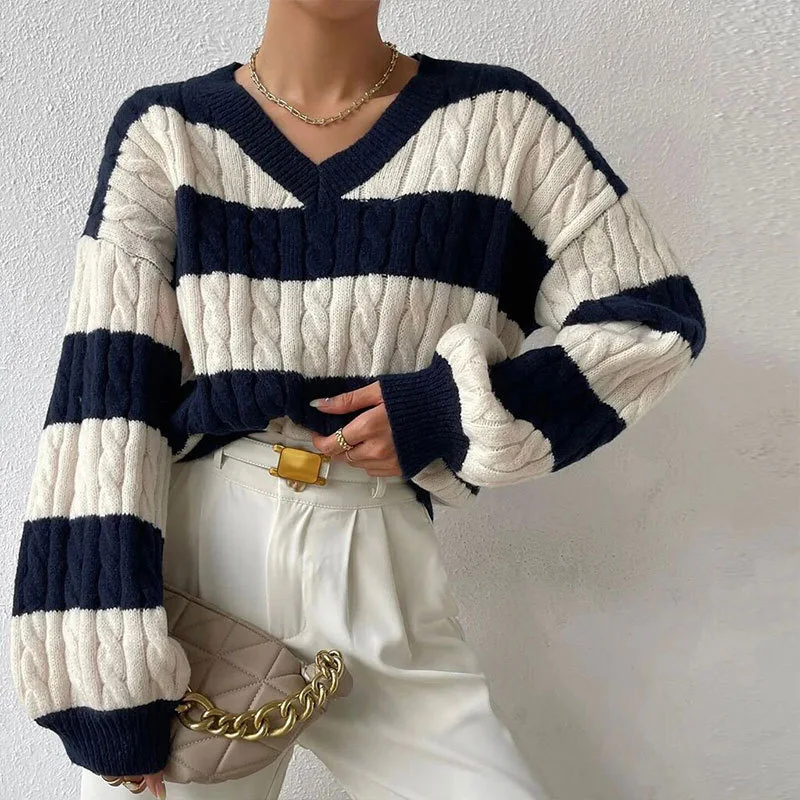 

Woman's Sweater Fashion Versatile Pullover V-neck Long Sleeve Cable Knit Striped Color Block Knitwear Autumn Winter Sweater