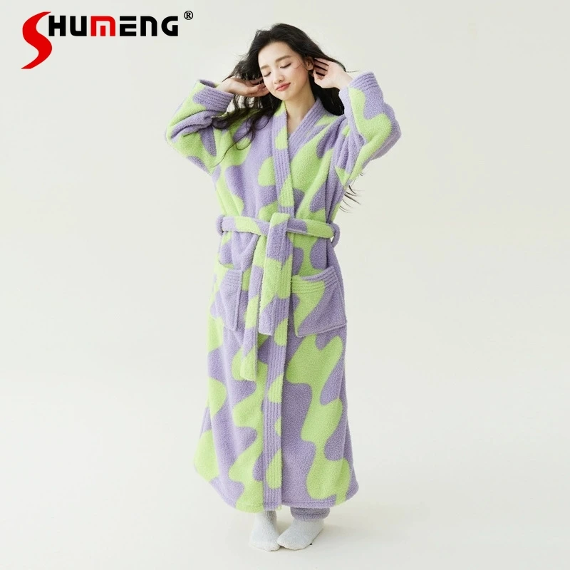 

Thickened Warm Autumn Winter Nightgown Pants Set for Women Extra Long Fleece Couple Pajamas Japanese Style Robes Suits
